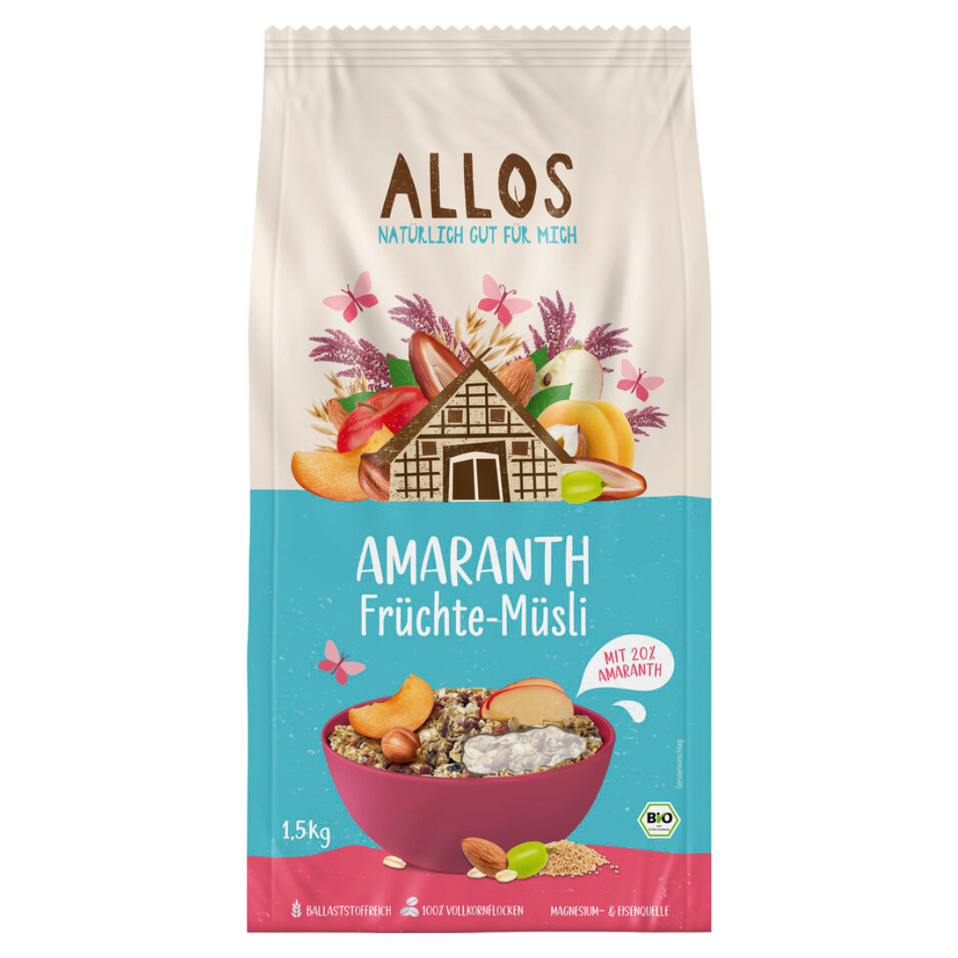 Allos Amaranth Früchte-Müsli 1,5 kg – Bio-Müsli mit 20 % gepopptem Amaranth, Trockenfrüchten und Vollkornflocken in bunt gestalteter Verpackung