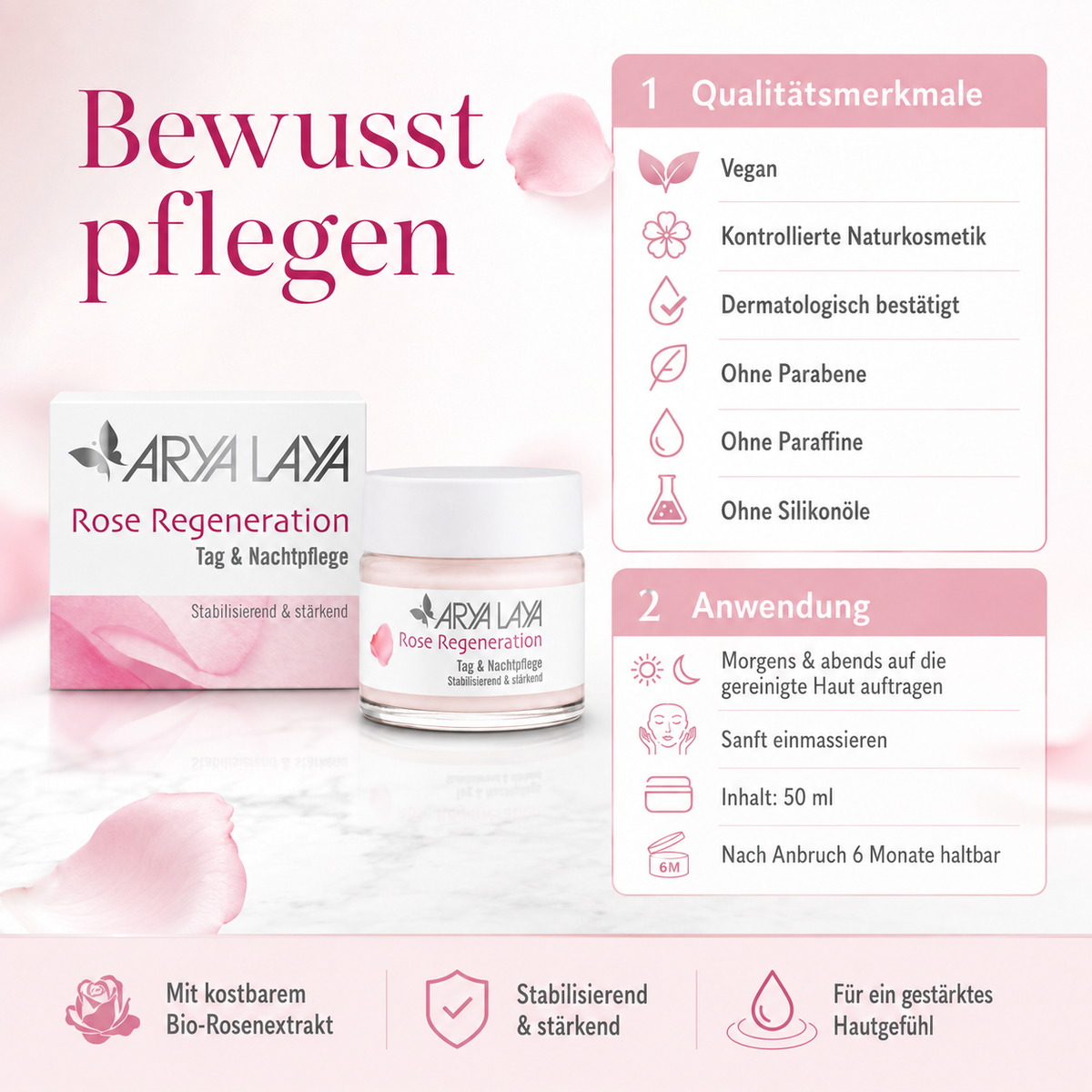 ARYA LAYA Rose Regeneration Tag & Nachtpflege – vegane Naturkosmetik, Anwendung morgens und abends