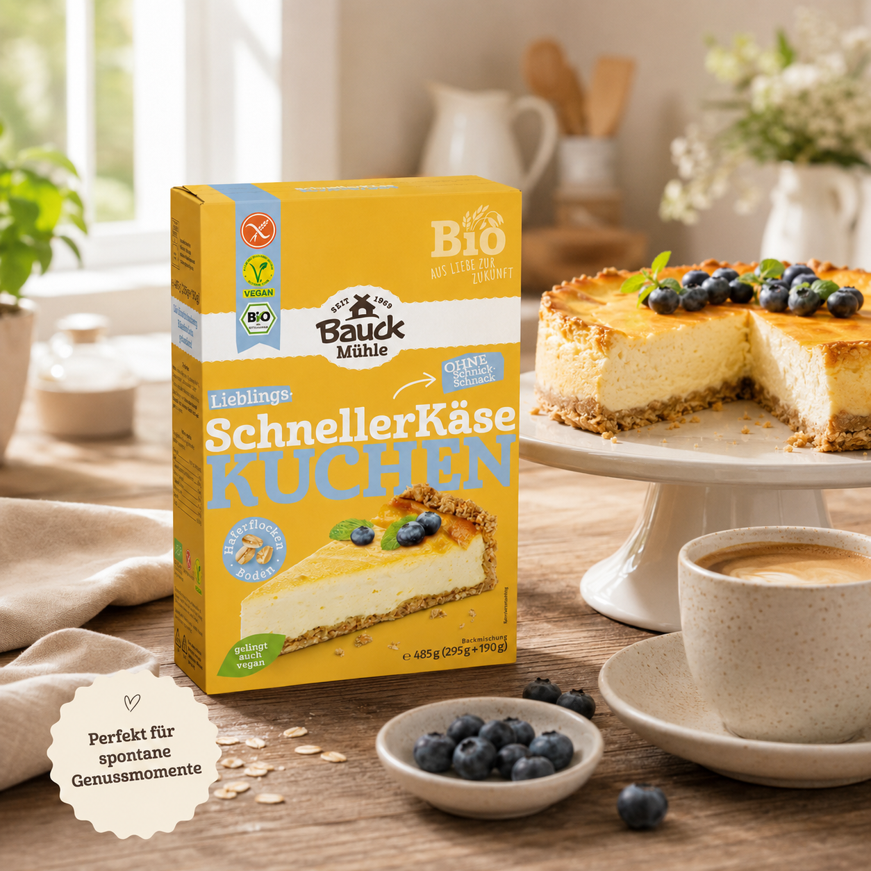 Bauck Mühle Schneller Käsekuchen mit gebackenem Käsekuchen, Blaubeeren und Kaffee auf einer Kaffeetafel