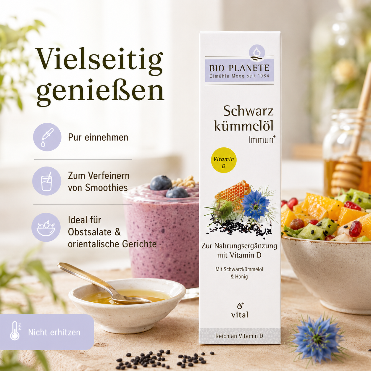 BIO PLANÈTE Schwarzkümmelöl Immun zur puren Einnahme sowie zum Verfeinern von Smoothies und Speisen