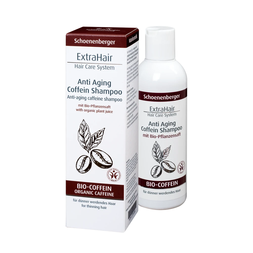 Schoenenberger ExtraHair Anti Aging Coffein Shampoo 200ml – Packung und Flasche mit Bio-Coffein und Heilpflanzensaft