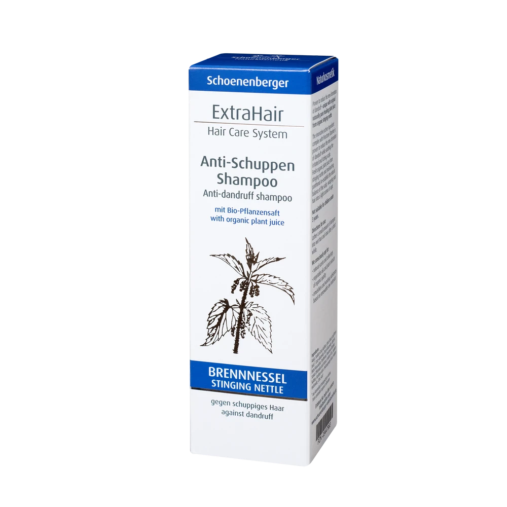 Schoenenberger ExtraHair Anti Schuppen Shampoo 200ml – Vorderseite der Verpackung mit Brennnessel-Motiv