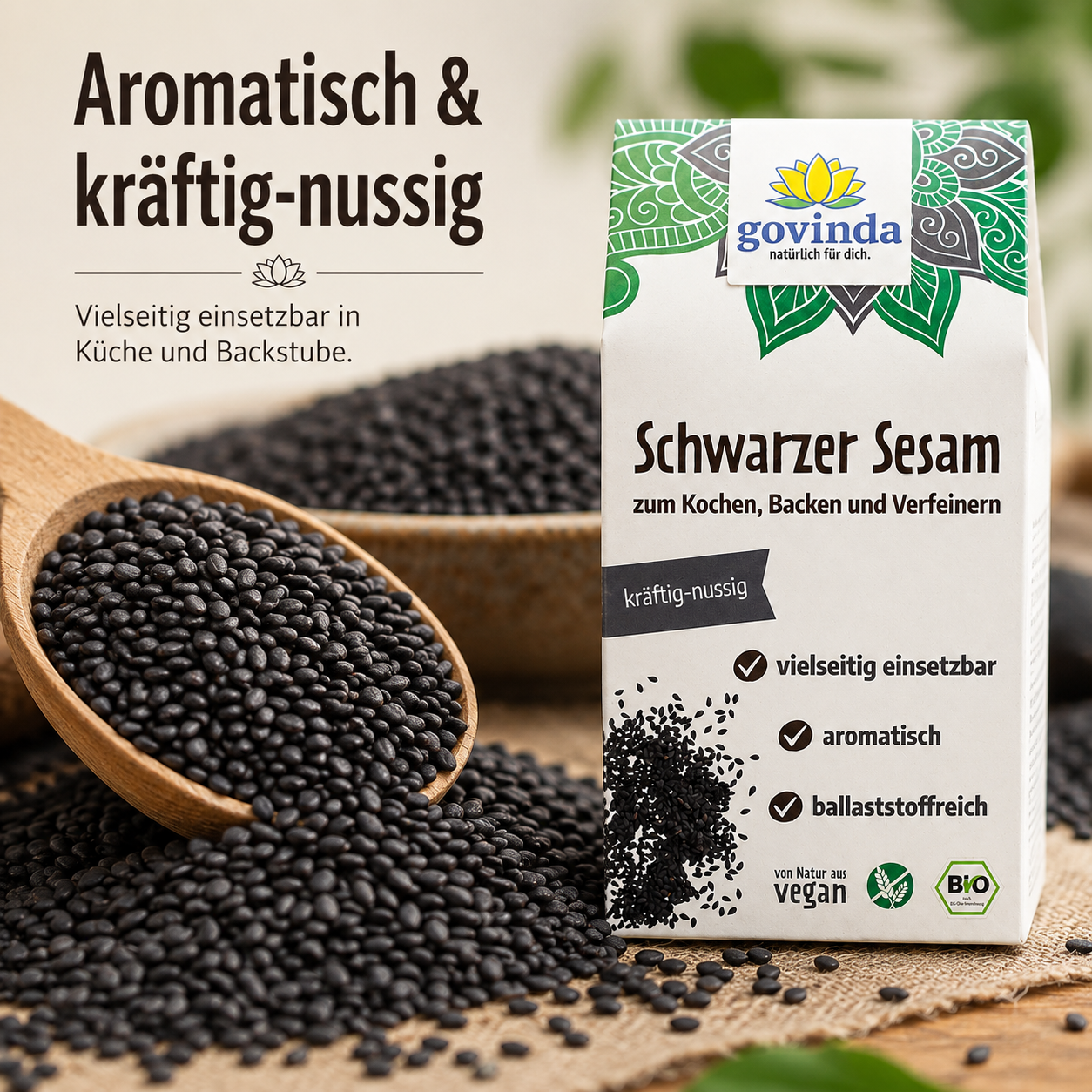 Dunkle schwarze Sesamkörner von Govinda mit kräftigem nussigem Geschmack