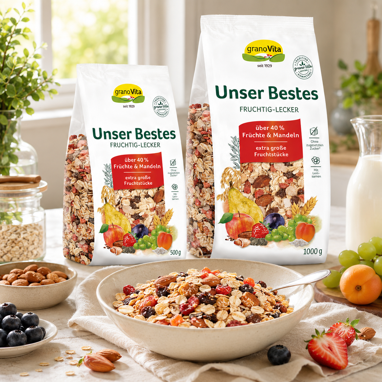 Frühstücksschale mit fruchtigem Müsli, Mandeln und Beeren neben granoVita Unser Bestes in 500 g und 1000 g