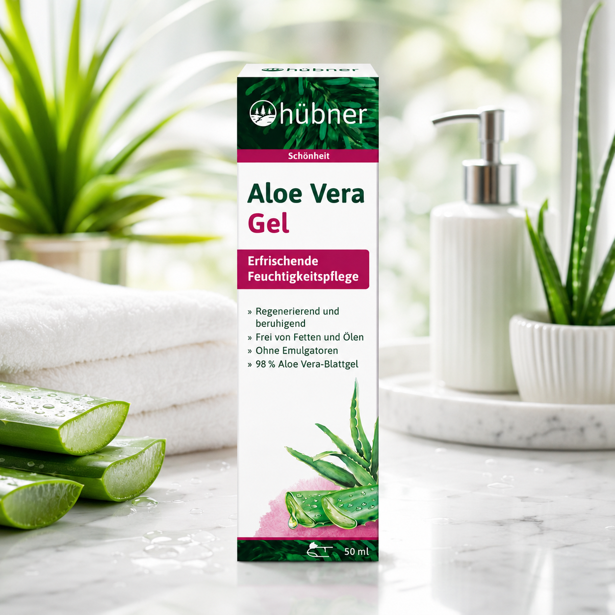 Hübner Aloe Vera Gel 50 ml in einer hellen Badezimmerumgebung mit Aloe Vera und weißen Handtüchern