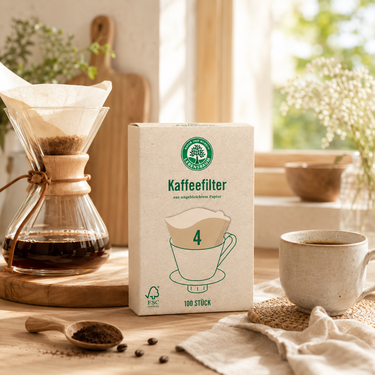Lebensbaum Kaffeefilter Größe 4 neben frisch gebrühtem Filterkaffee in einer natürlichen Küche