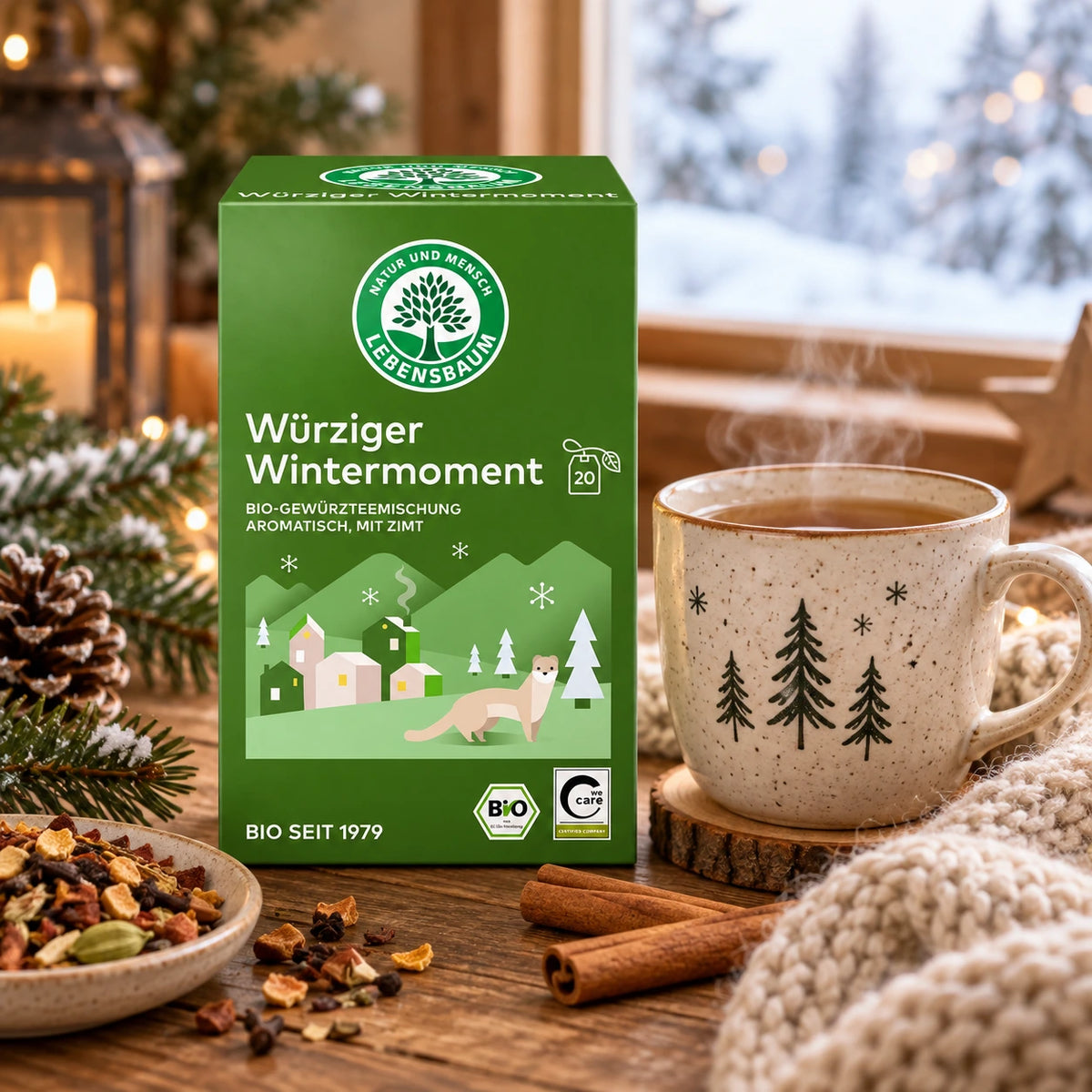 Lebensbaum Würziger Wintermoment Bio-Gewürztee mit heißem Tee in gemütlicher Winteratmosphäre