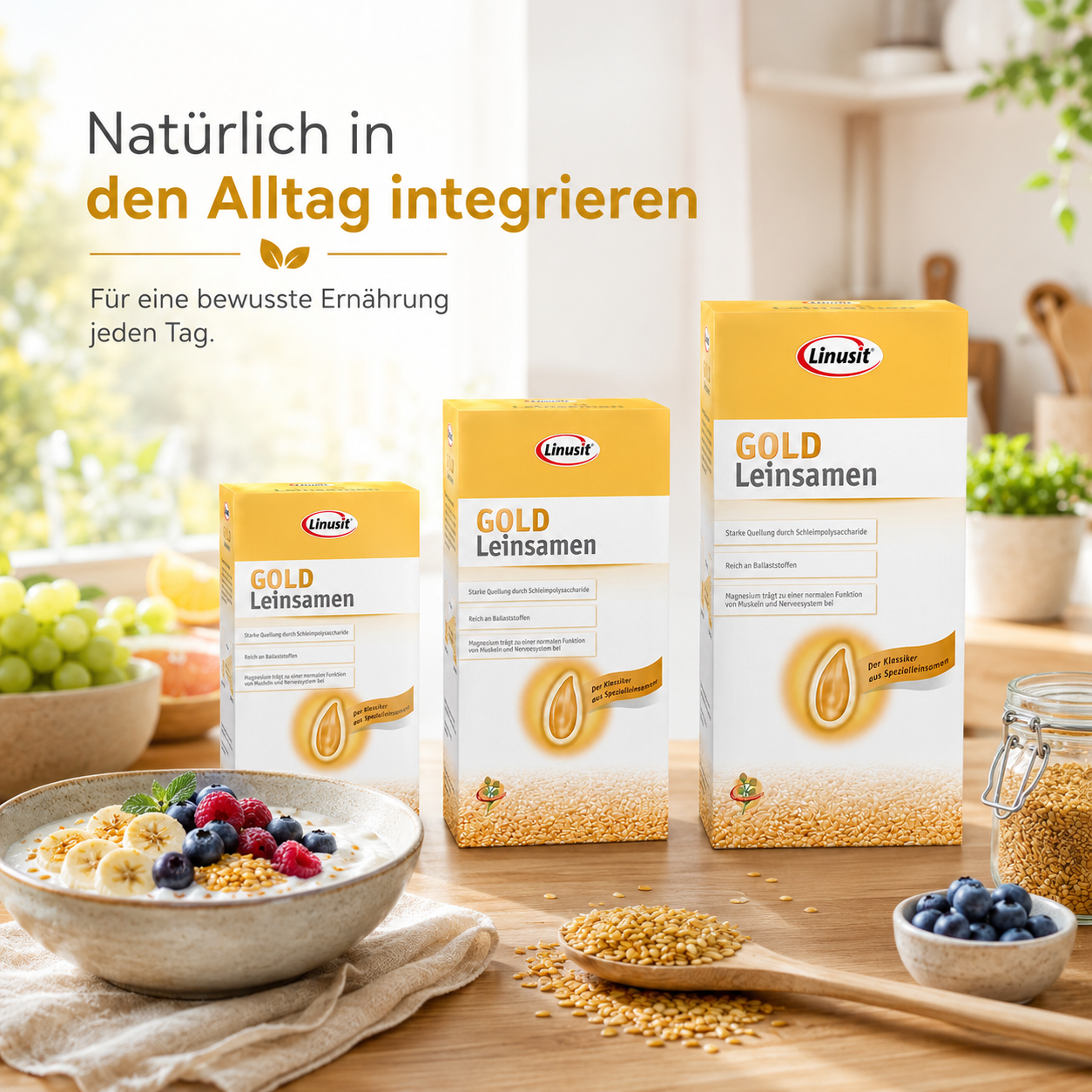 Linusit Gold Leinsamen in drei Größen bei einem gesunden Frühstück