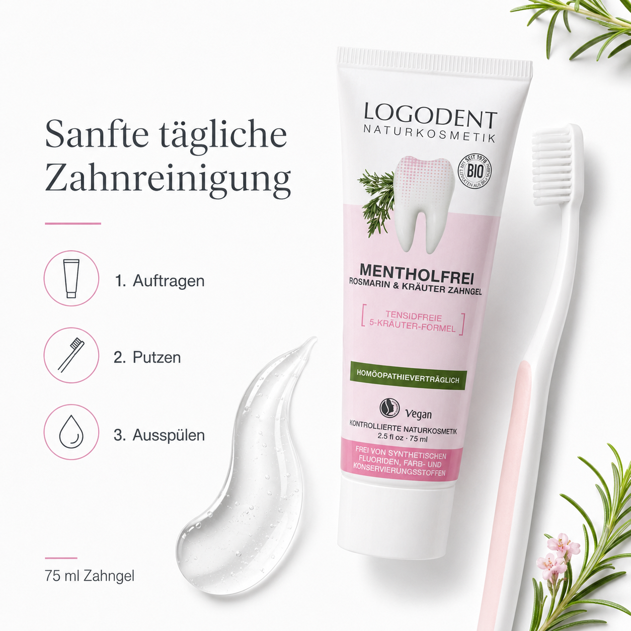 Anwendung von LOGODENT Mentholfrei Zahngel 75 ml mit Zahnbürste für die tägliche Zahnreinigung