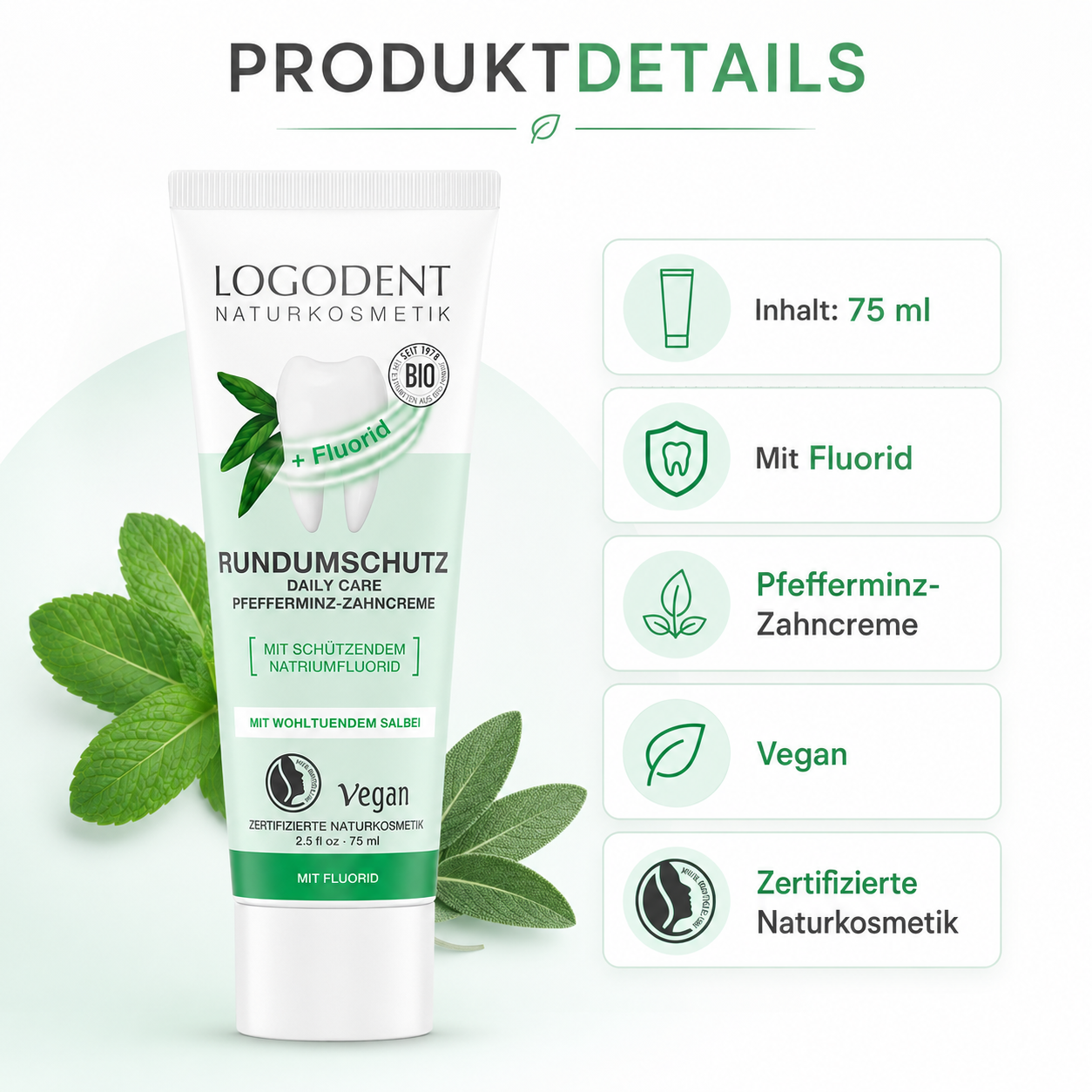 Produktdetails der LOGODENT Rundumschutz Zahncreme, 75 ml, vegan, mit Fluorid und zertifizierter Naturkosmetik