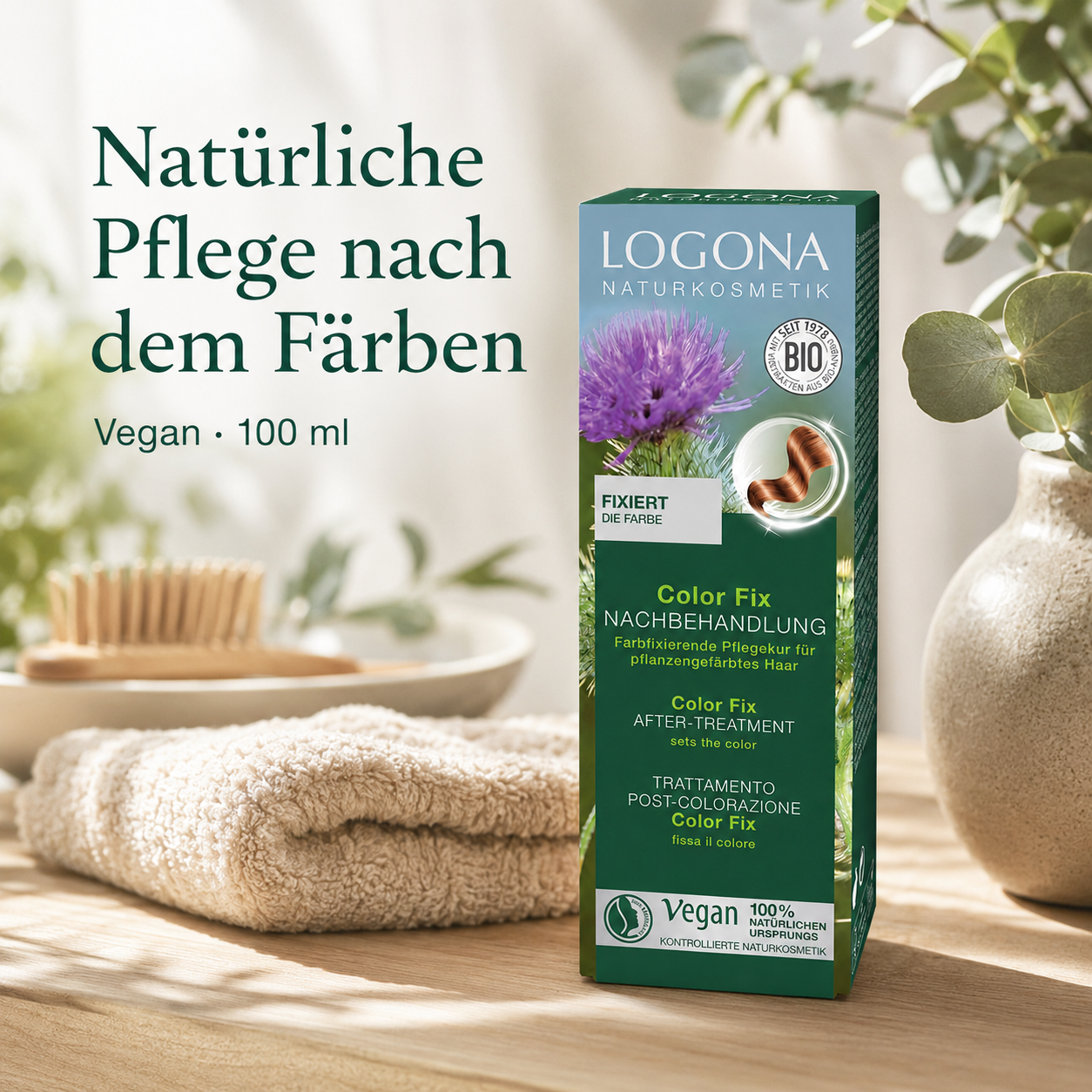 LOGONA Color Fix Nachbehandlung 100 ml in natürlicher Badezimmerumgebung