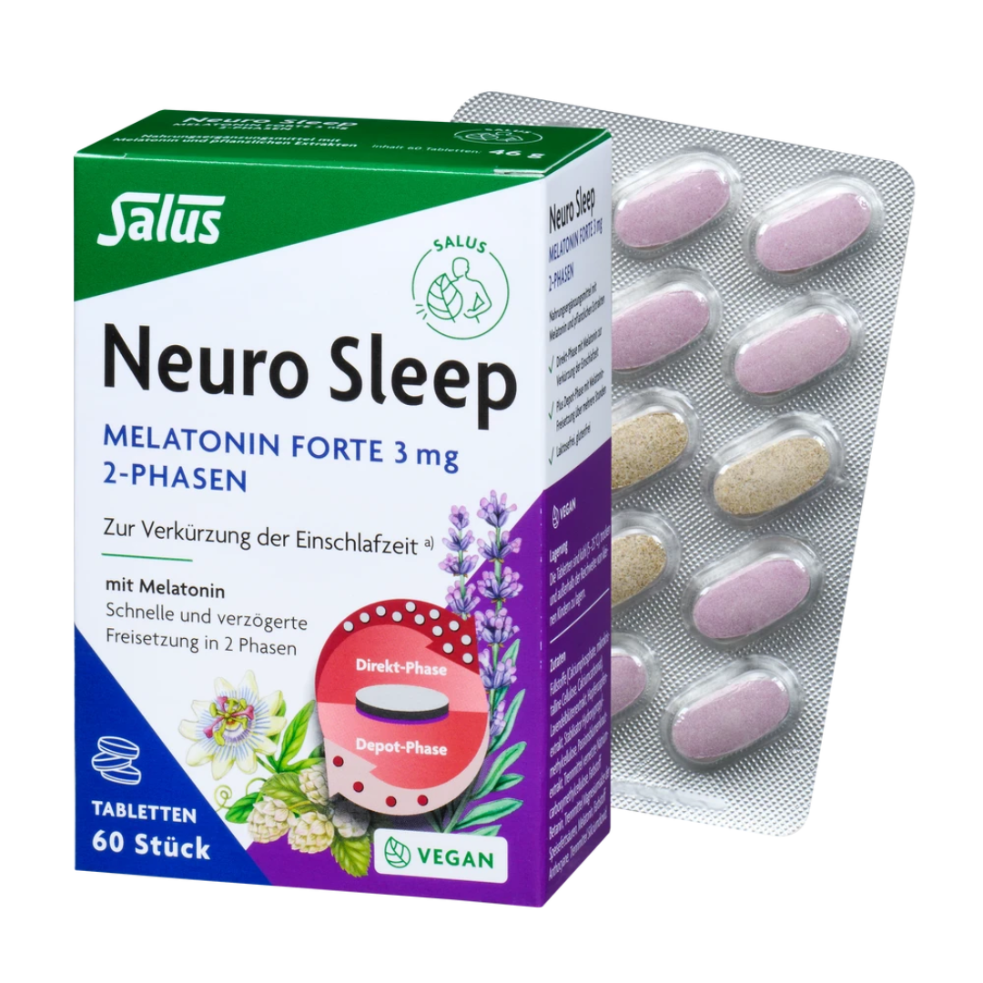 Salus Neuro Sleep Melatonin Forte 3 mg 2-Phasen Tabletten 60 Stück mit Blister – vegan, glutenfrei, laktosefrei