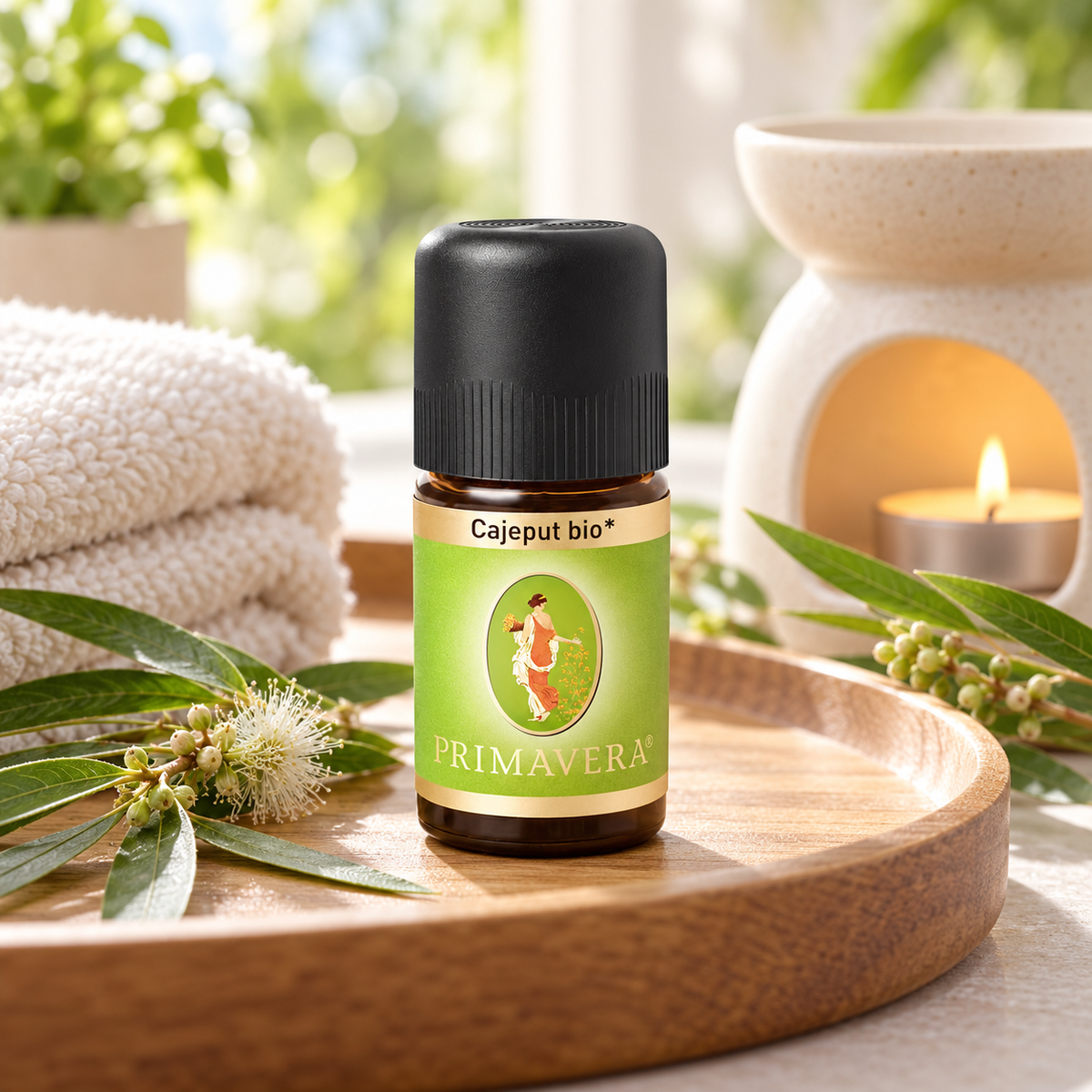 PRIMAVERA Cajeput bio ätherisches Öl in natürlicher Wellness-Szene mit Duftlampe und Pflanzen