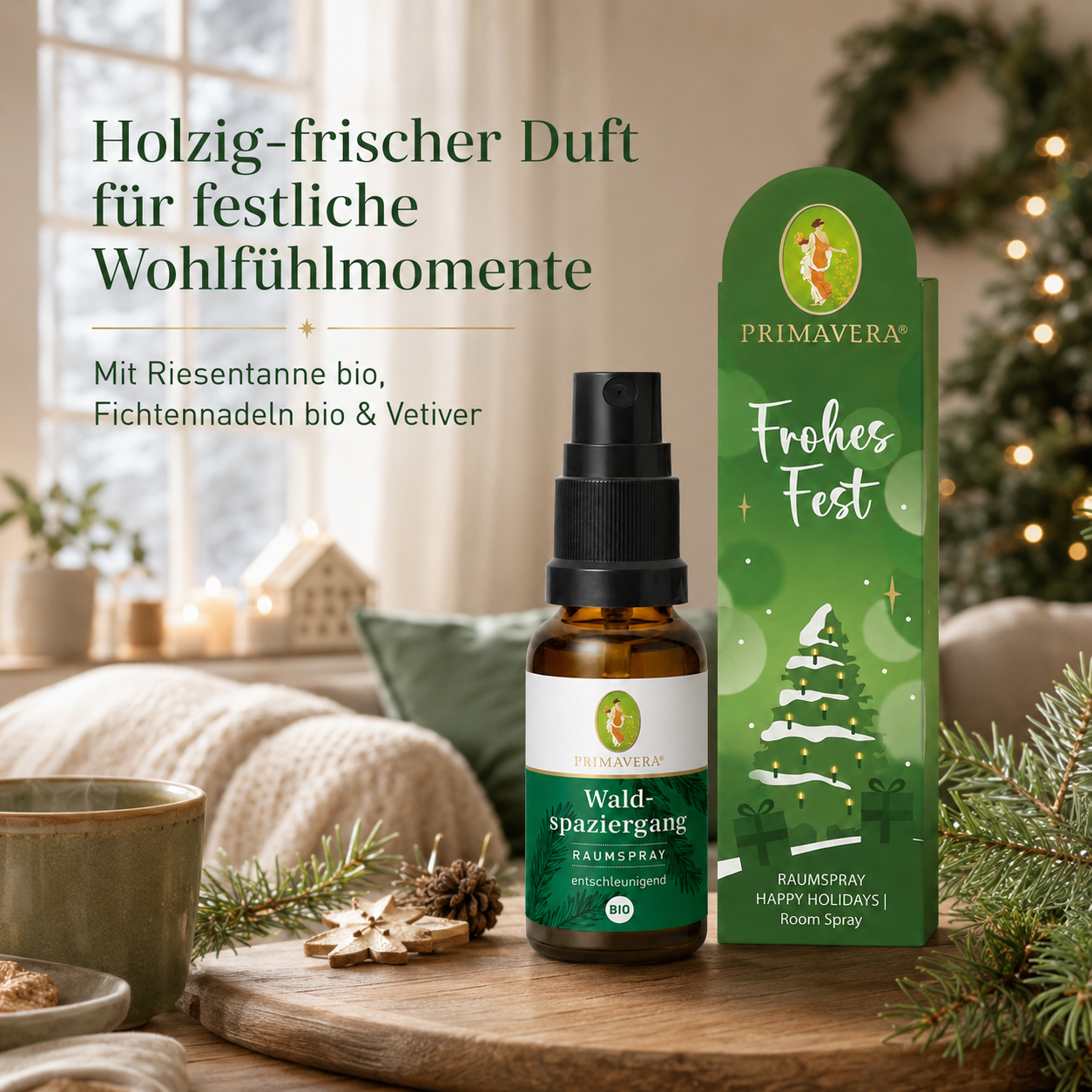 PRIMAVERA Frohes Fest Waldspaziergang Raumspray in weihnachtlicher Atmosphäre mit Tannenzweigen