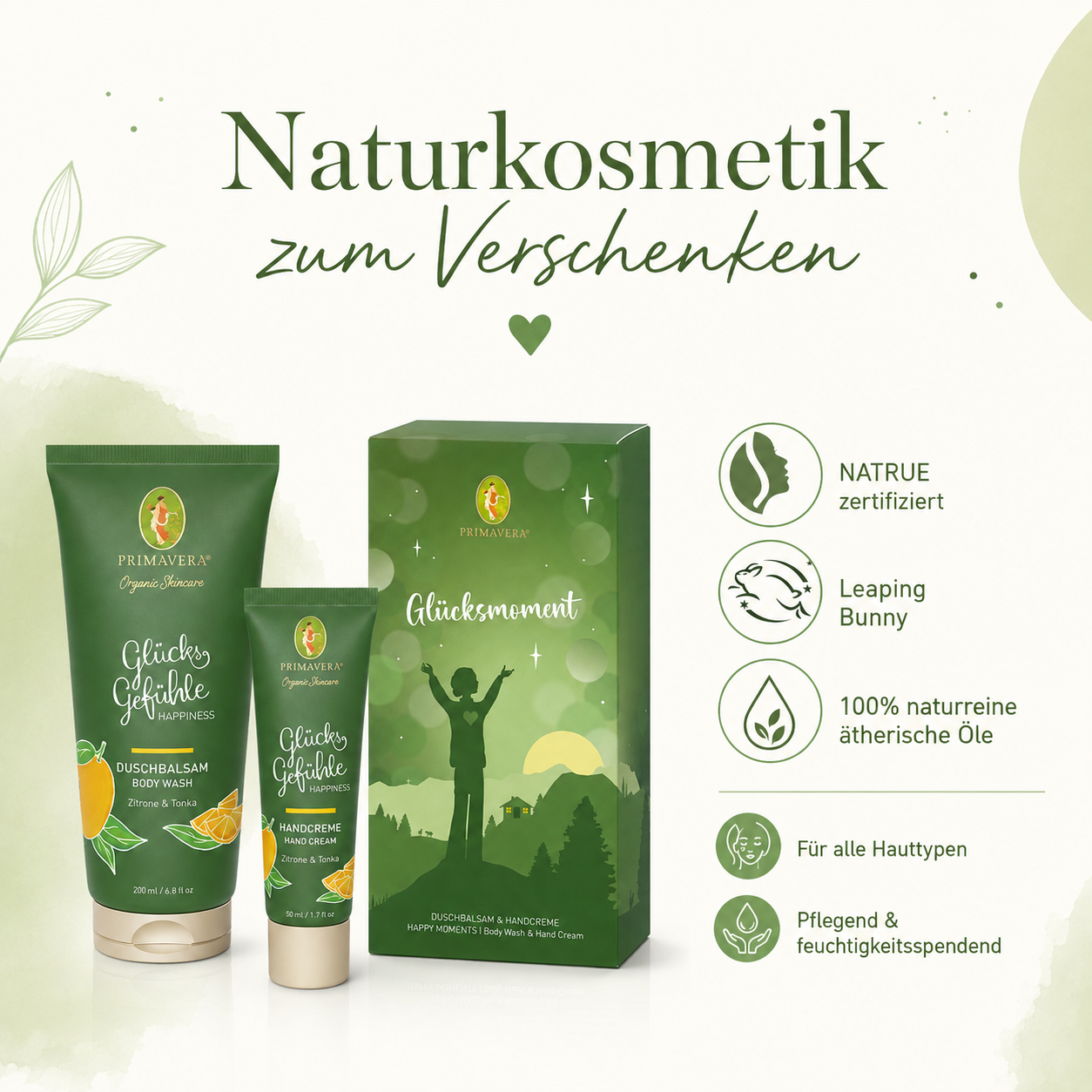 PRIMAVERA Geschenkset Glücksmoment – NATRUE zertifizierte Naturkosmetik mit Leaping Bunny Zertifizierung