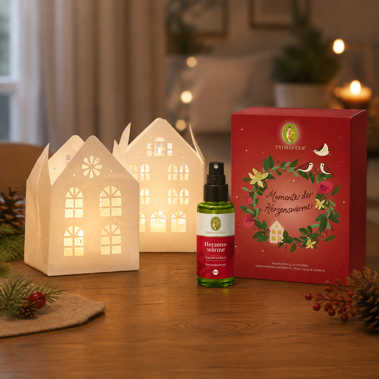 PRIMAVERA Herzenswärme Geschenkset mit leuchtenden Lichttüten und Raumspray in gemütlicher Atmosphäre