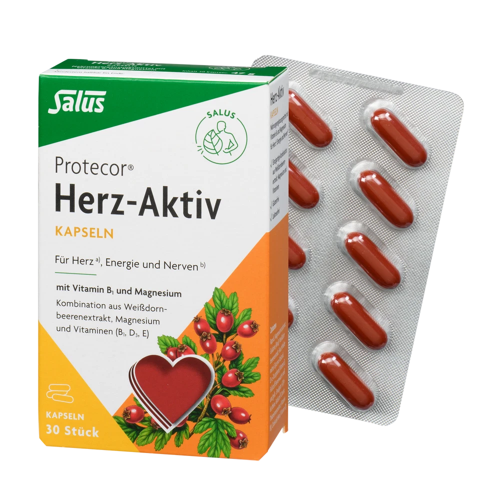 Protecor Herz-Aktiv Kapseln 30 Stück von Salus – Kombination aus Weißdornbeerenextrakt, Magnesium und Vitaminen für Herz, Energie und Nerven