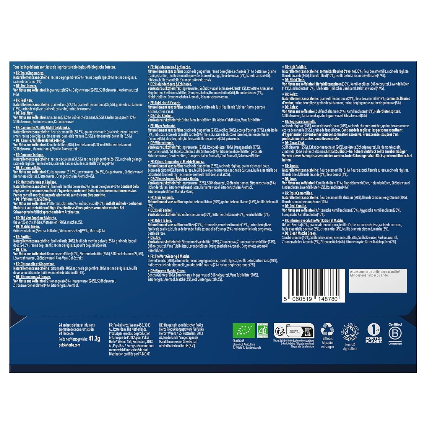 Pukka Tee Adventskalender Rückseite mit Zutatenliste und Bio-Siegeln