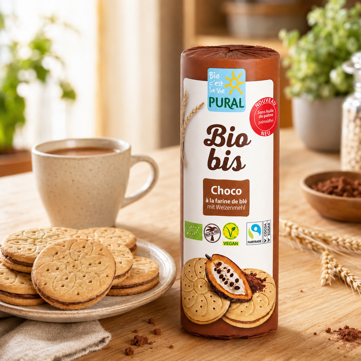Pural Biobis Choco Doppelkekse auf einem Frühstückstisch mit Tasse und zylindrischer 320-g-Packung
