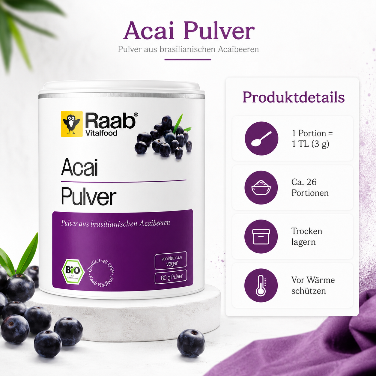Raab Vitalfood Acai Pulver Produktdetails mit 26 Portionen, 1 TL pro Portion und Lagerhinweisen