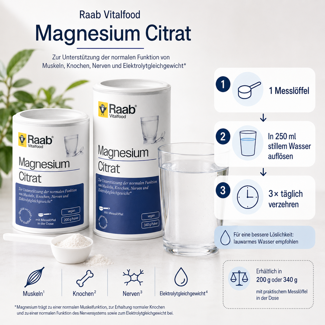 Anwendung von Raab Magnesium Citrat Pulver mit Messlöffel in Wasser, erhältlich in 200 g und 340 g