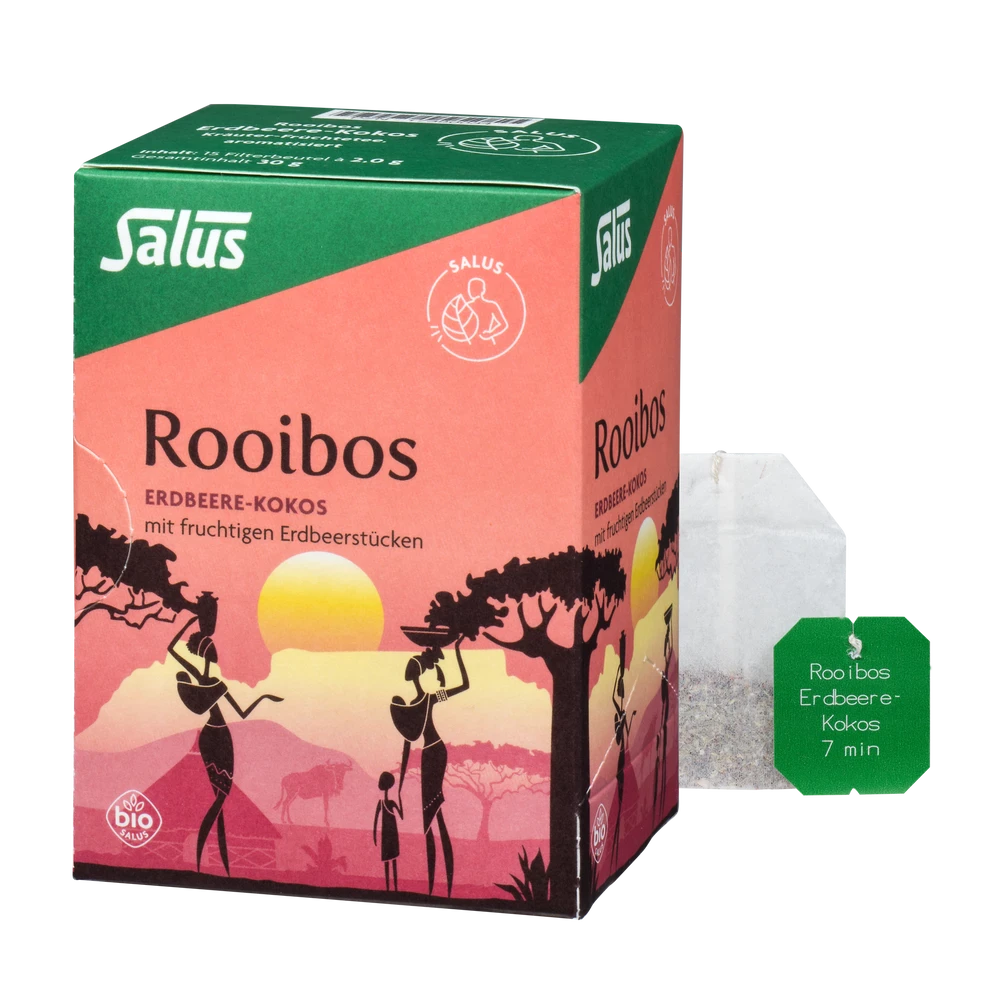 Salus Rooibos Erdbeere-Kokos Tee Bio – Produktverpackung mit losem Teebeutel