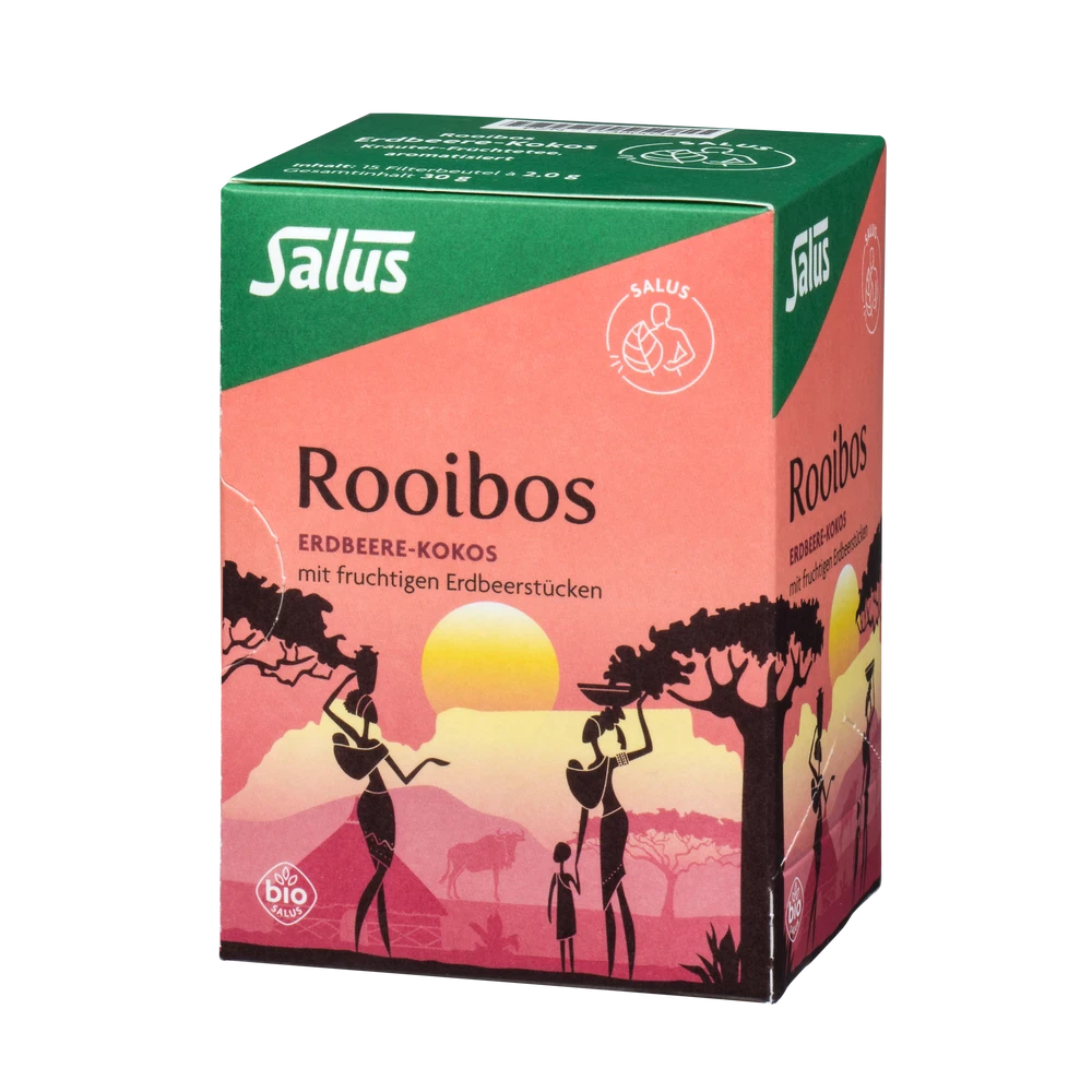 Salus Rooibos Erdbeere-Kokos Tee Bio – 15 Filterbeutel, Produktverpackung Vorderansicht
