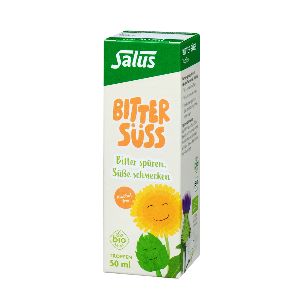 Salus Bitter Süss Tropfen Bio alkoholfrei 50 ml Verpackung Vorderansicht