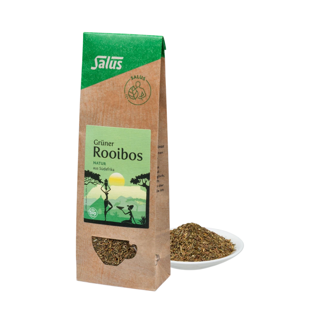Salus Grüner Rooibos Natur Bio loser Tee 75g mit Teeblättern auf Teller