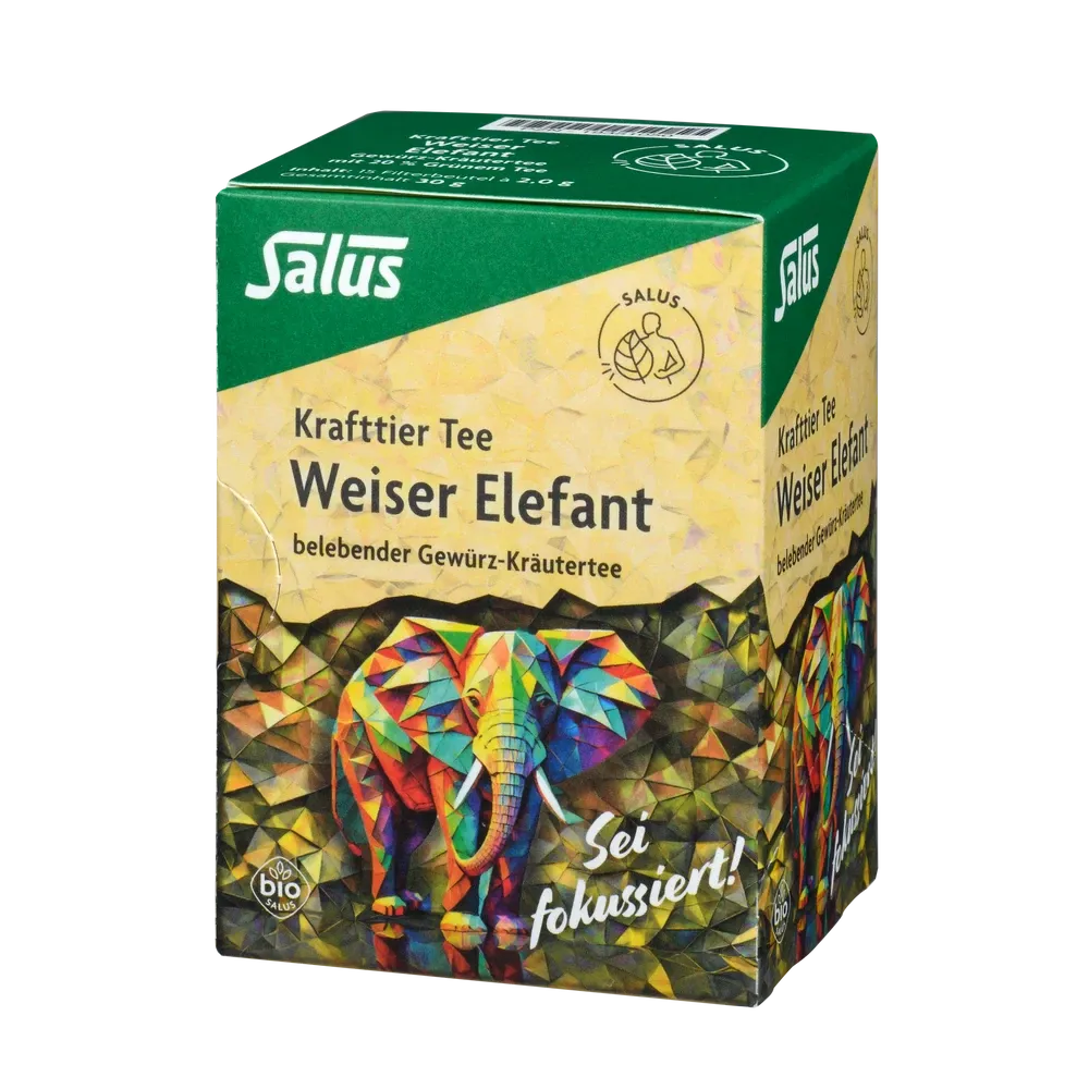 Salus Krafttier Tee Weiser Elefant Bio – Vorderansicht der Packung, belebender Gewürz-Kräutertee mit Tulsi und Darjeeling