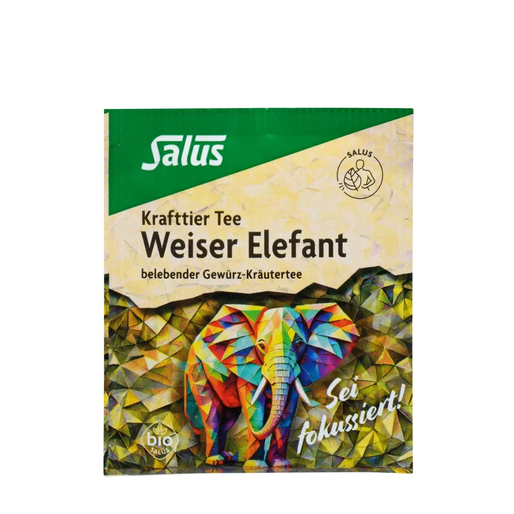 Salus Weiser Elefant Bio-Krafttier Tee – Frontansicht mit farbigem Elefantenmotiv, Bio-Gewürz-Kräutertee für fokussierte Momente