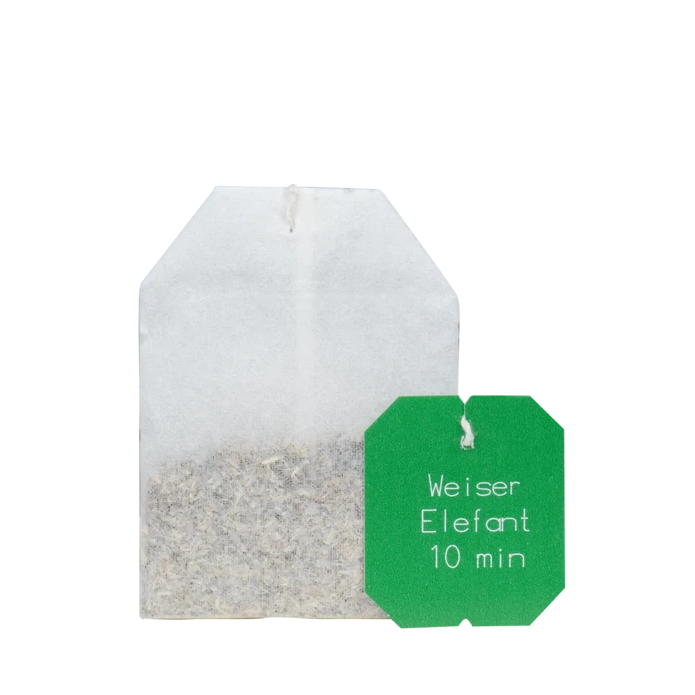 Salus Weiser Elefant Bio-Tee – einzelner Teebeutel mit grünem Anhänger und Aufschrift Ziehzeit 10 Minuten