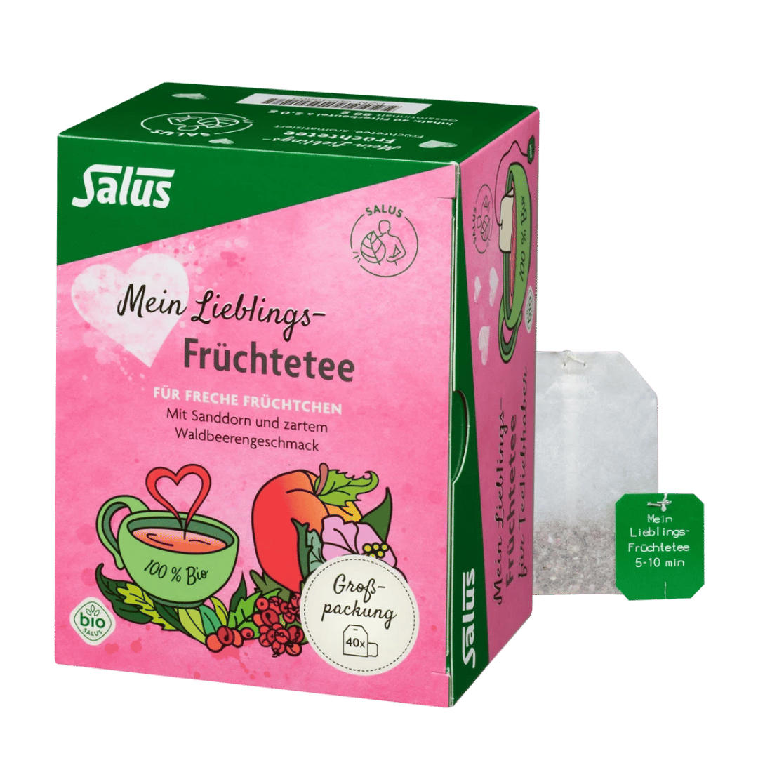 Salus Mein Lieblings-Früchtetee Bio Verpackung mit Teebeutel