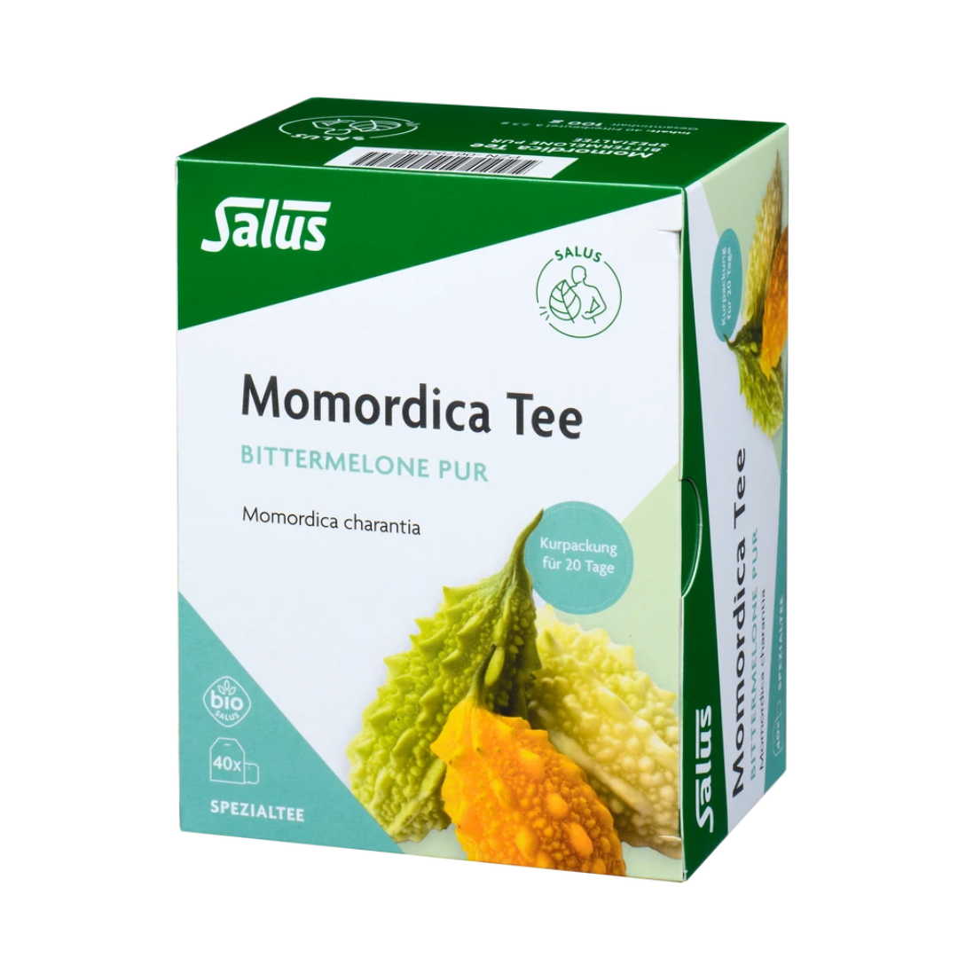 Salus Momordica Tee bio Bittermelone pur in 40 Filterbeuteln, Vorderansicht der Verpackung