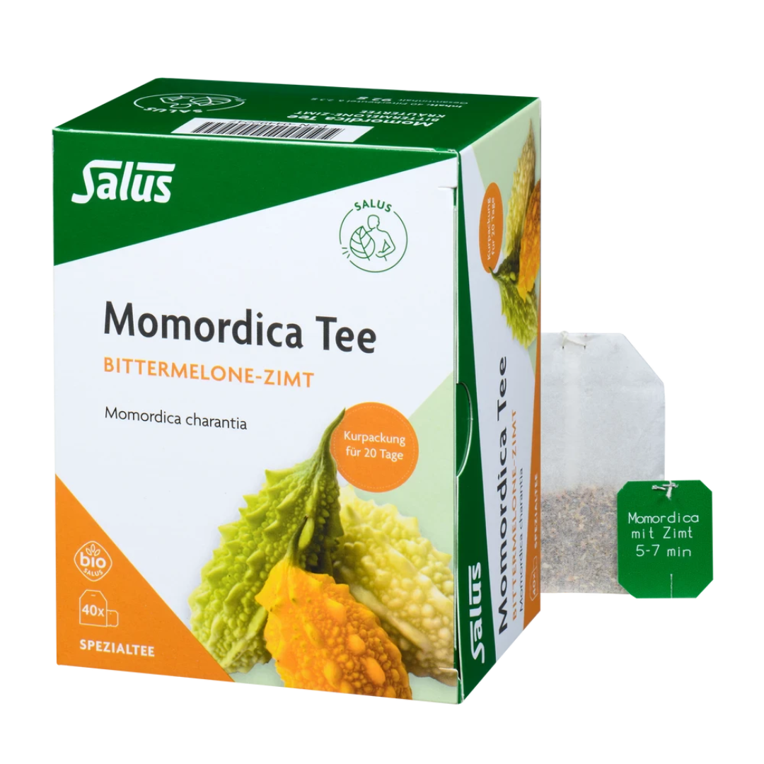 Salus Momordica Tee Bio mit Zimt – Bittermelone-Zimt-Kräutertee Packung und Teebeutel