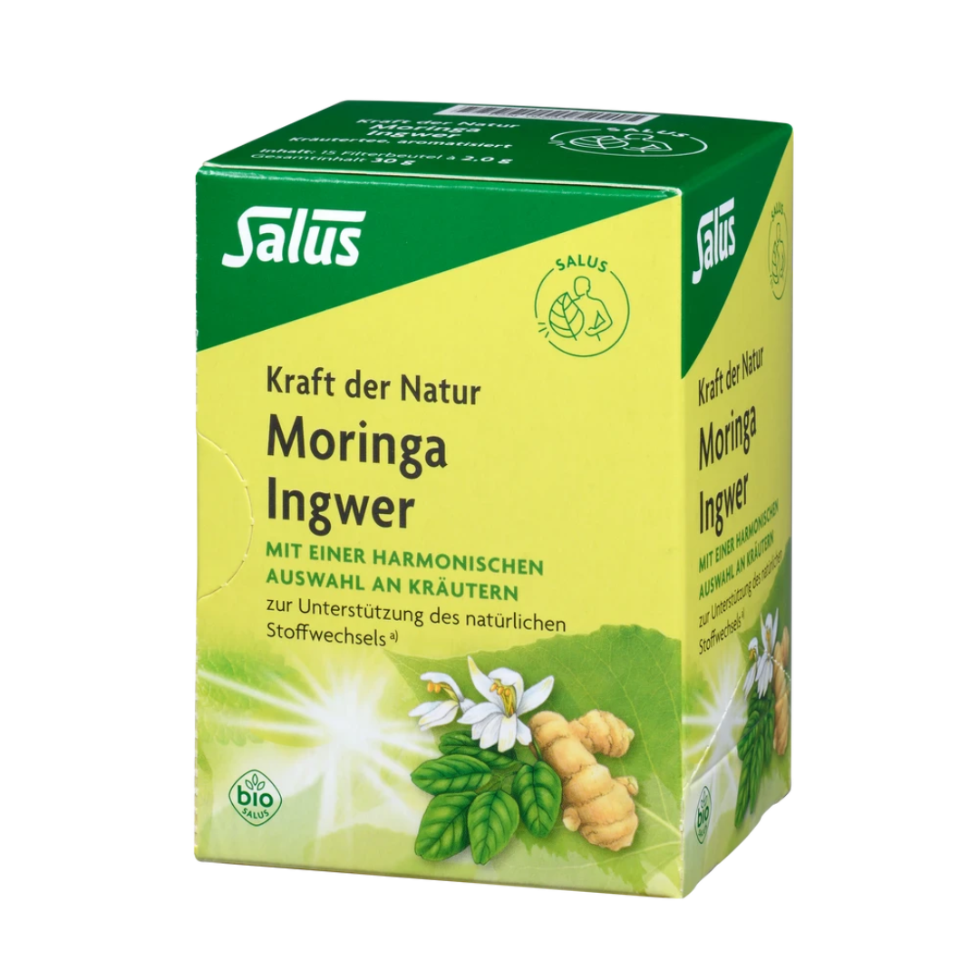 Salus Kraft der Natur Moringa Ingwer Tee Bio – 15 Filterbeutel in Faltschachtel, Vorderansicht