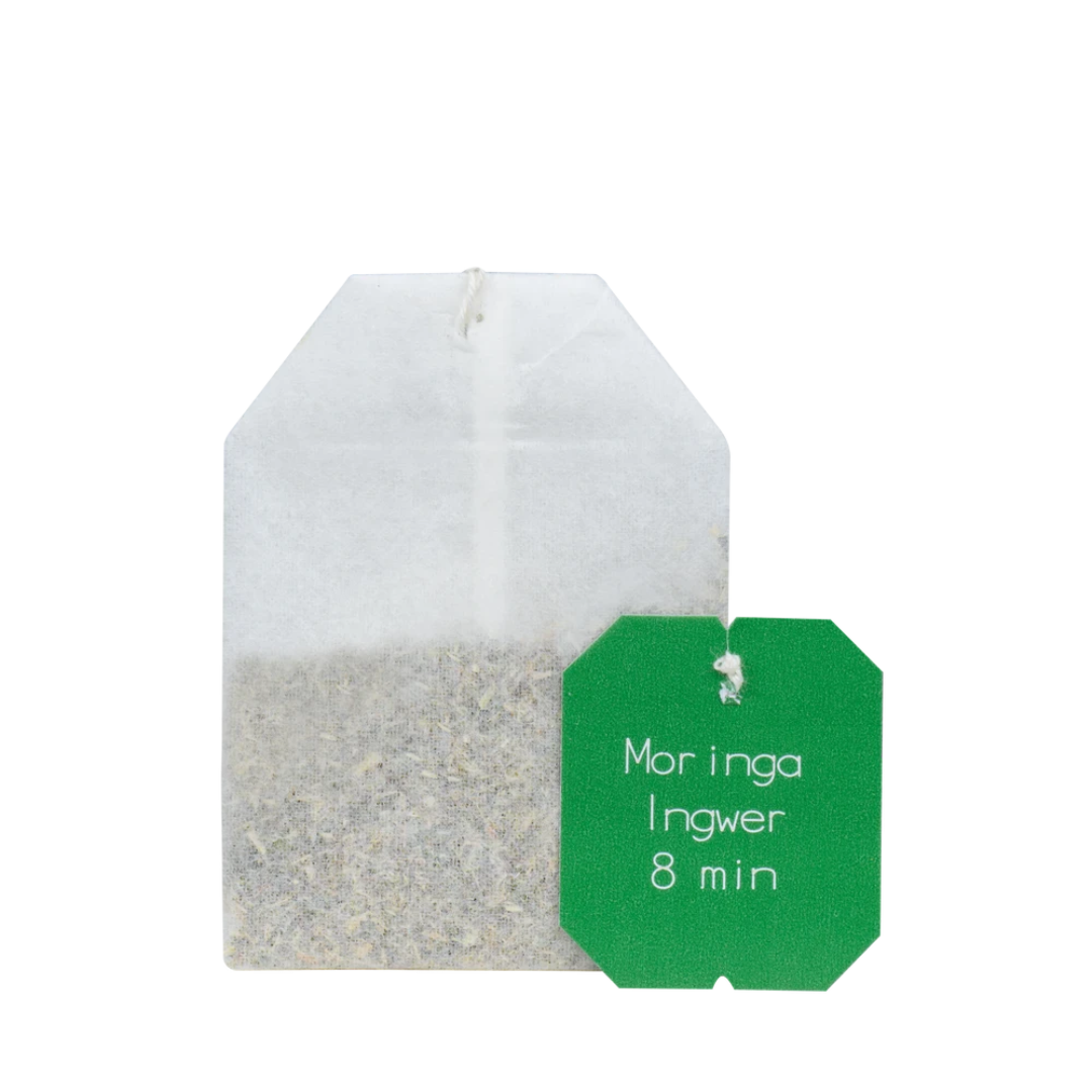 Salus Kraft der Natur Moringa Ingwer Tee Bio – offener Teebeutel mit Ziehzeit-Angabe