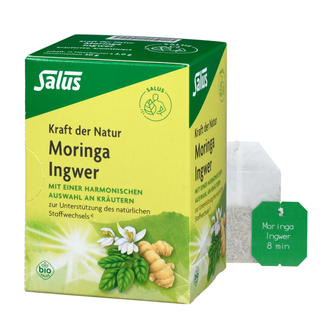Salus Kraft der Natur Moringa Ingwer Tee Bio – 15 Filterbeutel, Verpackung mit einzeln entnommenem Teebeutel