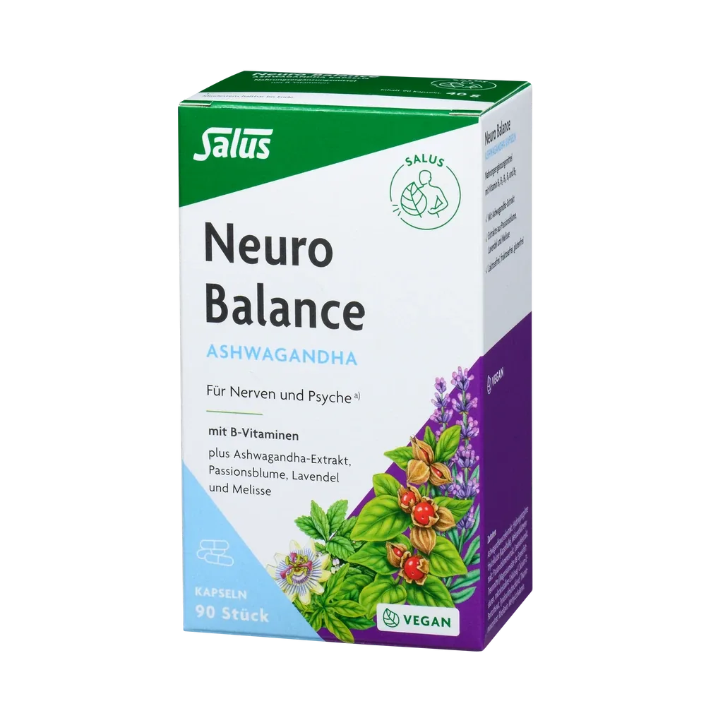 Salus Neuro Balance Ashwagandha Kapseln 90 Stück – Nahrungsergänzung mit B-Vitaminen, Ashwagandha, Passionsblume, Lavendel und Melisse