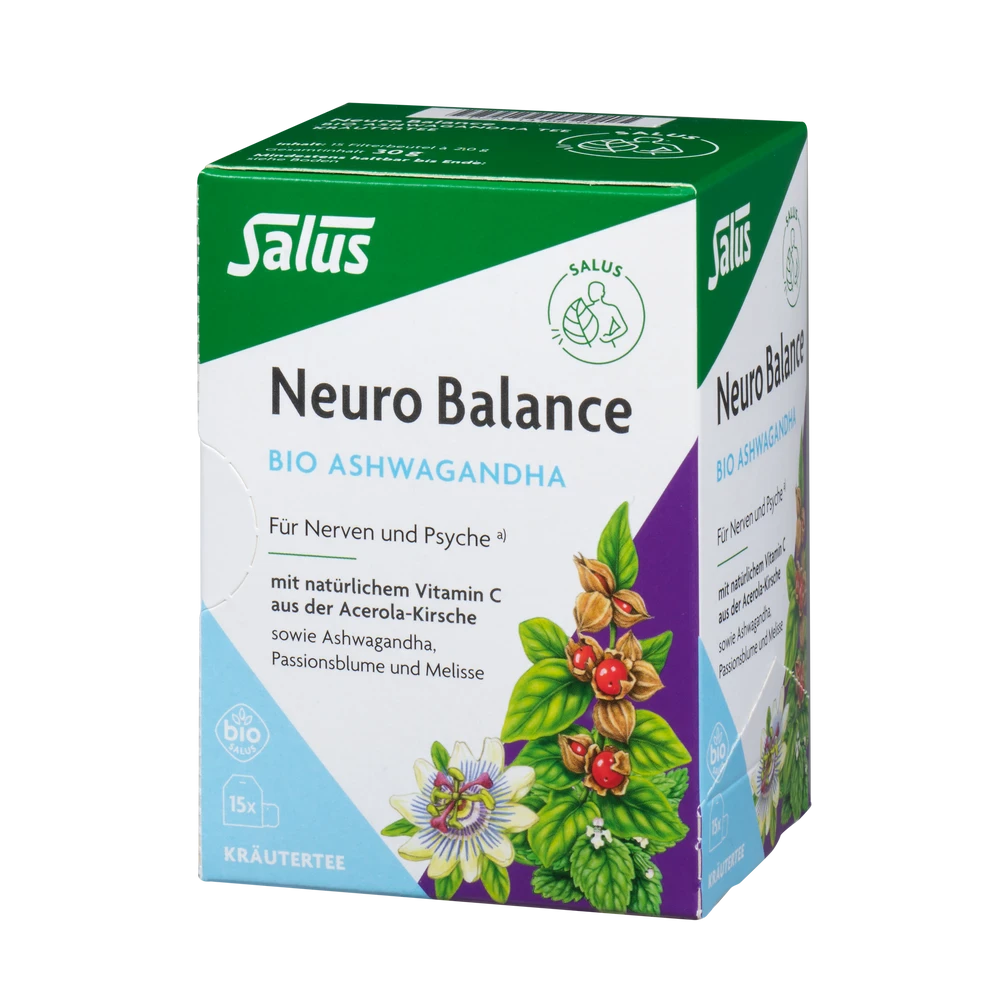 Salus Neuro Balance Bio Ashwagandha Tee – Kräutertee, 15 Filterbeutel, Packung Vorderseite schräg