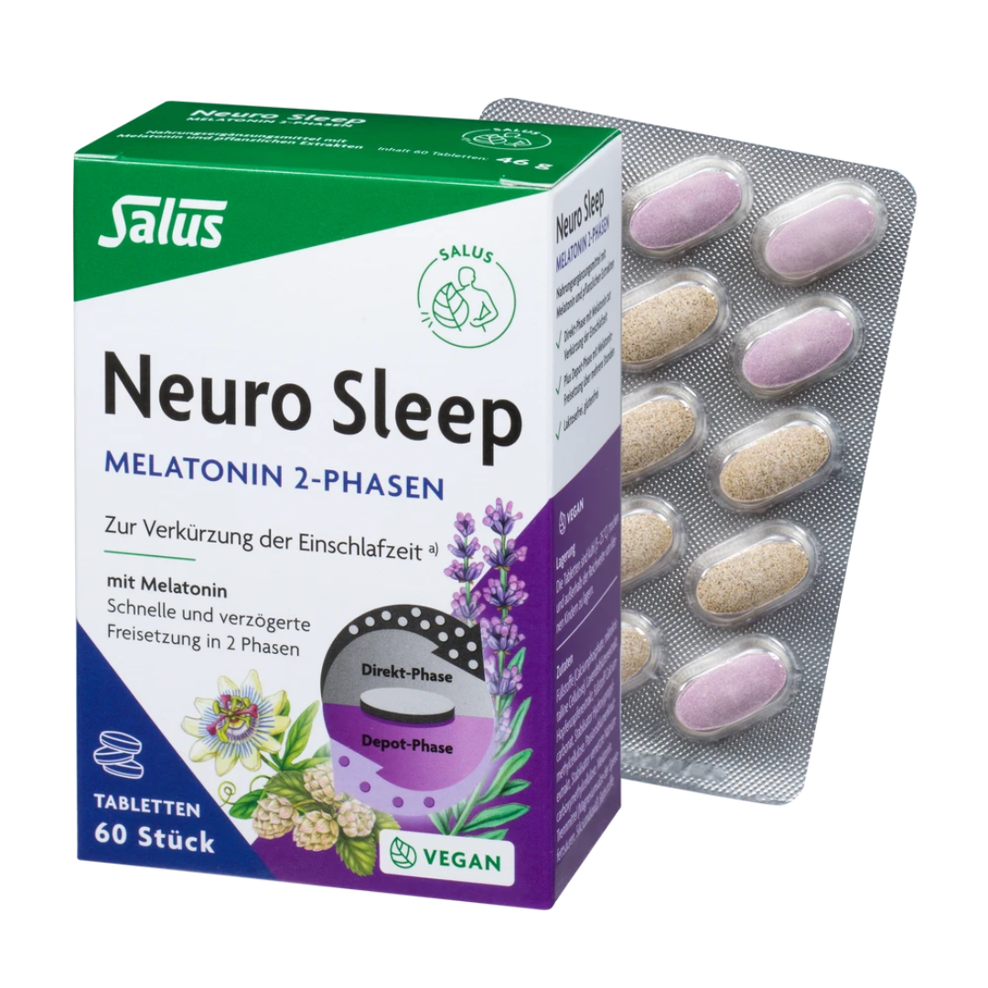 Salus Neuro Sleep Melatonin 2-Phasen Tabletten 60 Stück – Verpackung mit Blisterstreifen