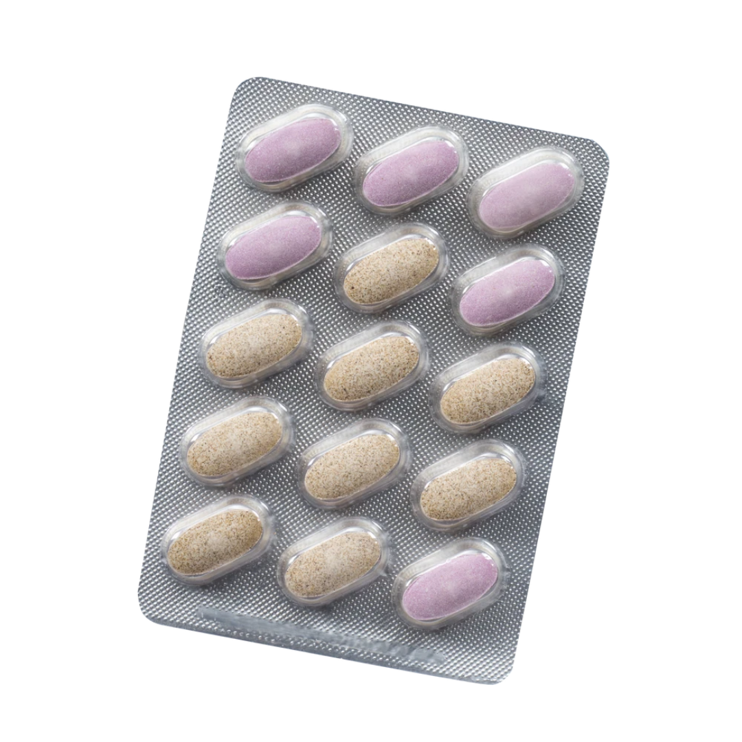 Blisterstreifen der Salus Neuro Sleep Melatonin 2-Phasen Tabletten mit zweifarbigen Tabletten