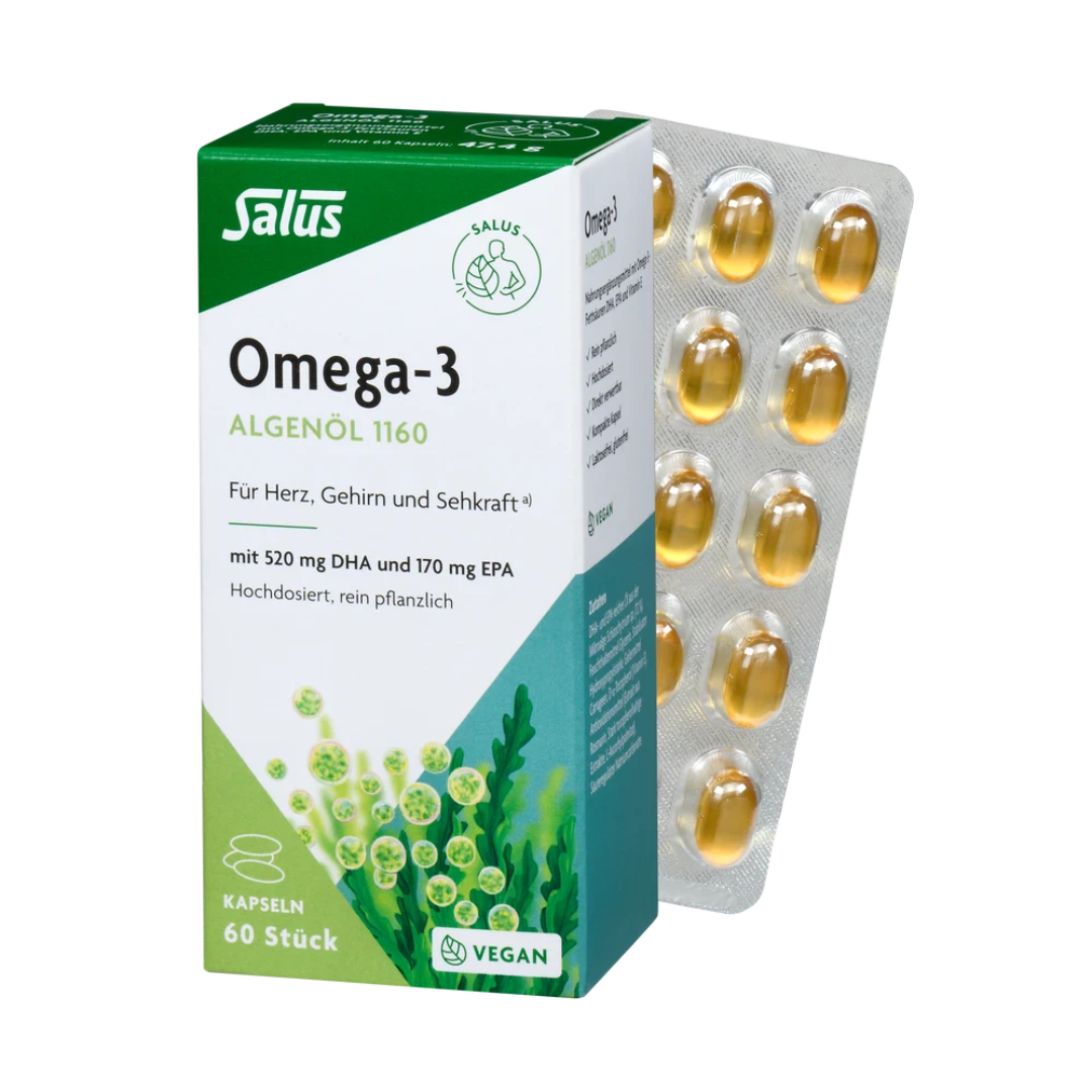Salus Omega-3 Algenöl 1160 – 60 vegane Kapseln mit 520 mg DHA und 170 mg EPA in Blisterverpackung