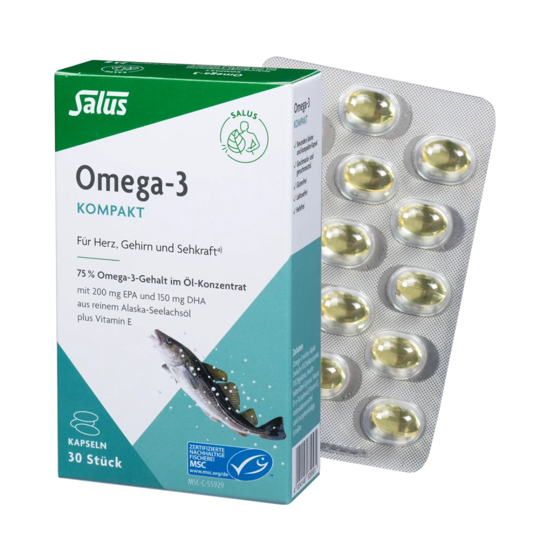 Salus Omega-3 Kompakt Kapseln 30 Stück – nachhaltiges Alaska-Seelachsöl mit Omega-3-Fettsäuren EPA und DHA