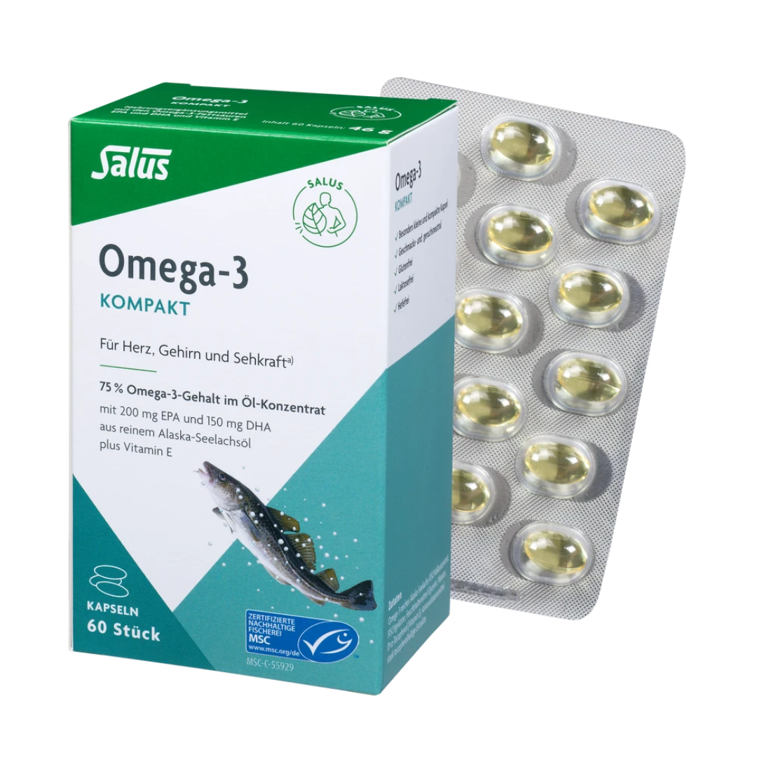 Salus Omega-3 Kompakt Kapseln 60 Stück – hochdosiertes Alaska-Seelachsöl mit 200 mg EPA und 150 mg DHA plus Vitamin E