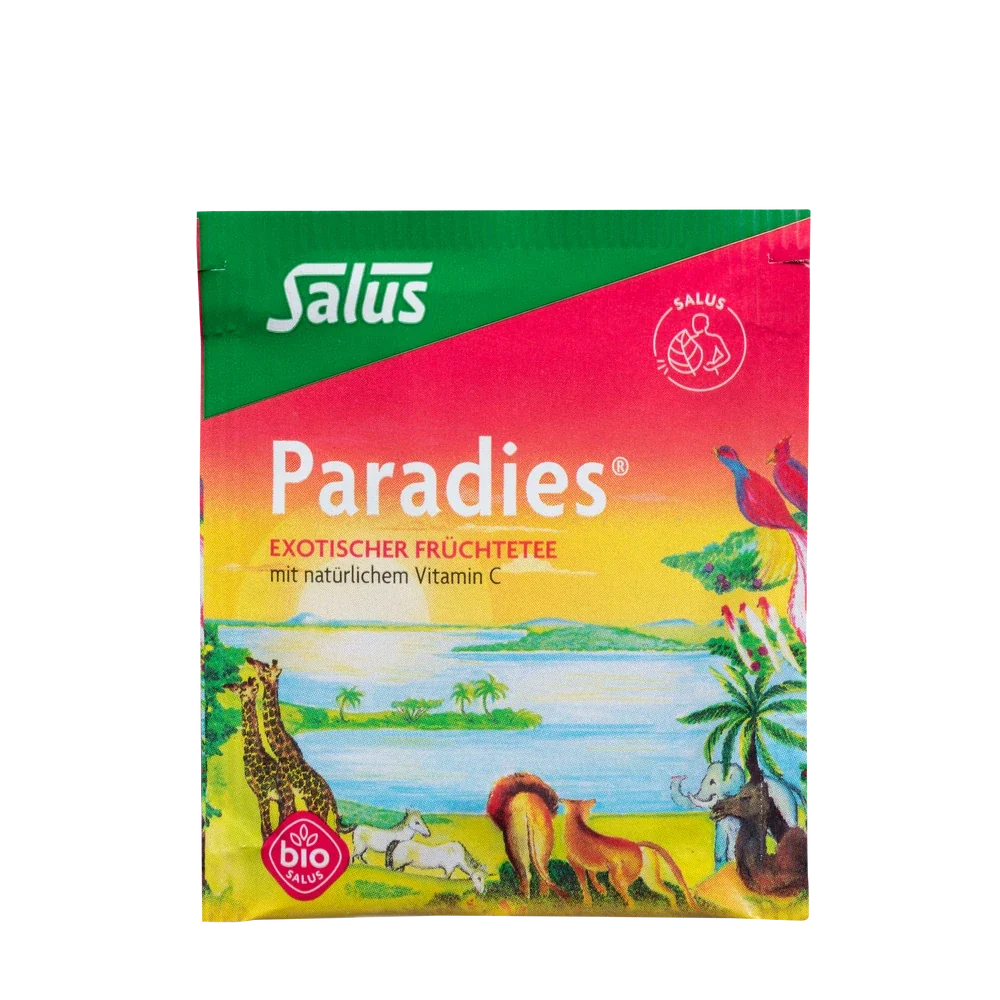 Umverpackter Filterbeutel Salus Paradies Vitamin-C Früchtetee mit exotischem Verpackungsdesign