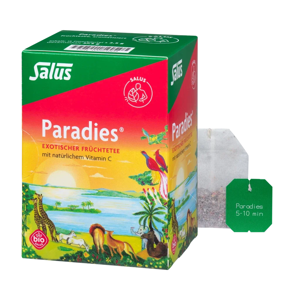 Salus Paradies Vitamin-C Früchtetee bio Verpackung mit abgebildetem Teebeutel und exotischem Motiv