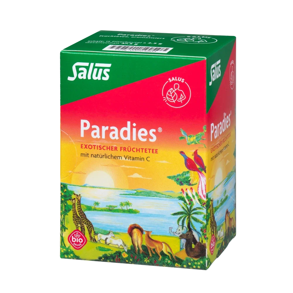 Salus Paradies Vitamin-C Früchtetee bio – Vorderseite der Verpackung mit exotischem Motiv und Bio-Siegel
