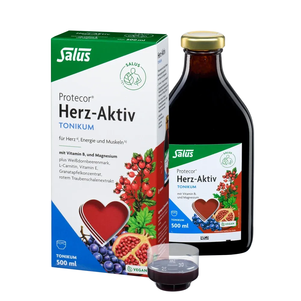 Salus Protecor Herz-Aktiv Tonikum 500 ml – Nahrungsergänzung für Herz, Energie und Muskeln mit Vitamin B1, Magnesium und Weißdornbeerenmark