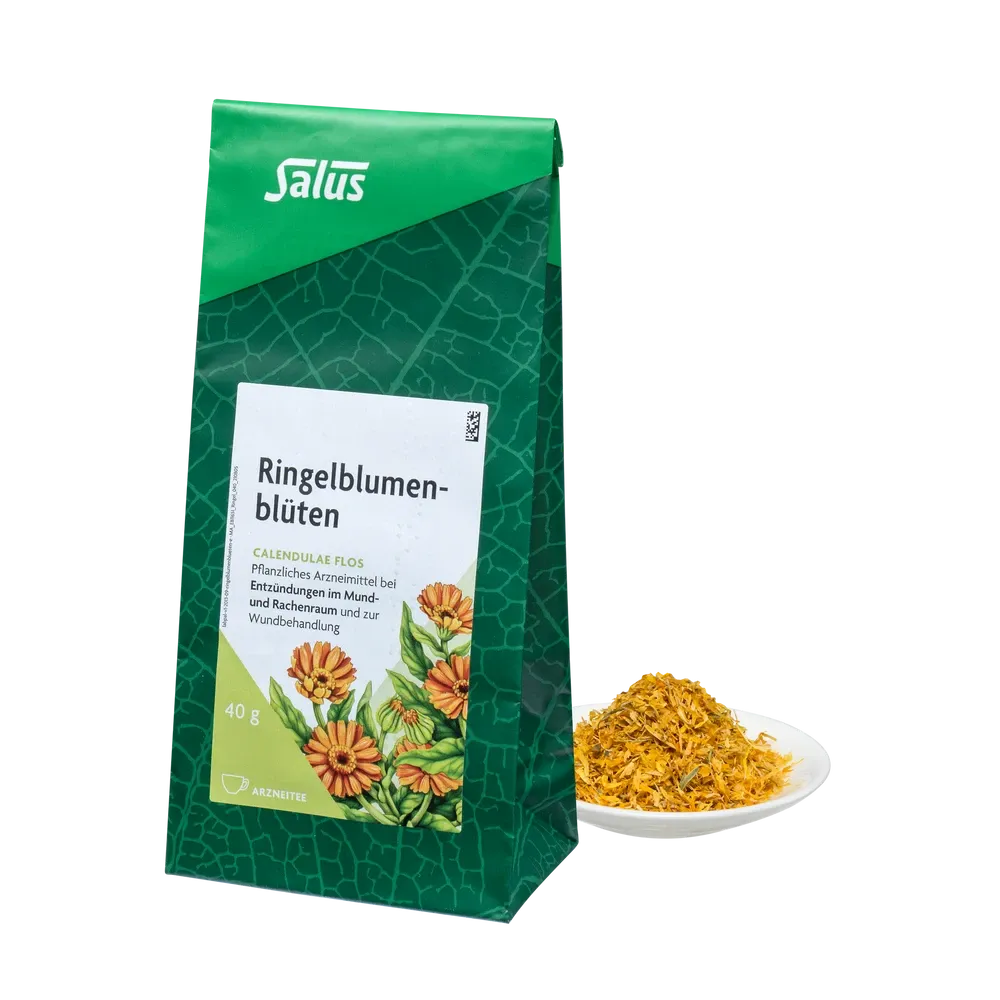 Salus Ringelblumenblüten Tee bio 40 g – grüne Packung mit Illustration und losem Tee auf Teller
